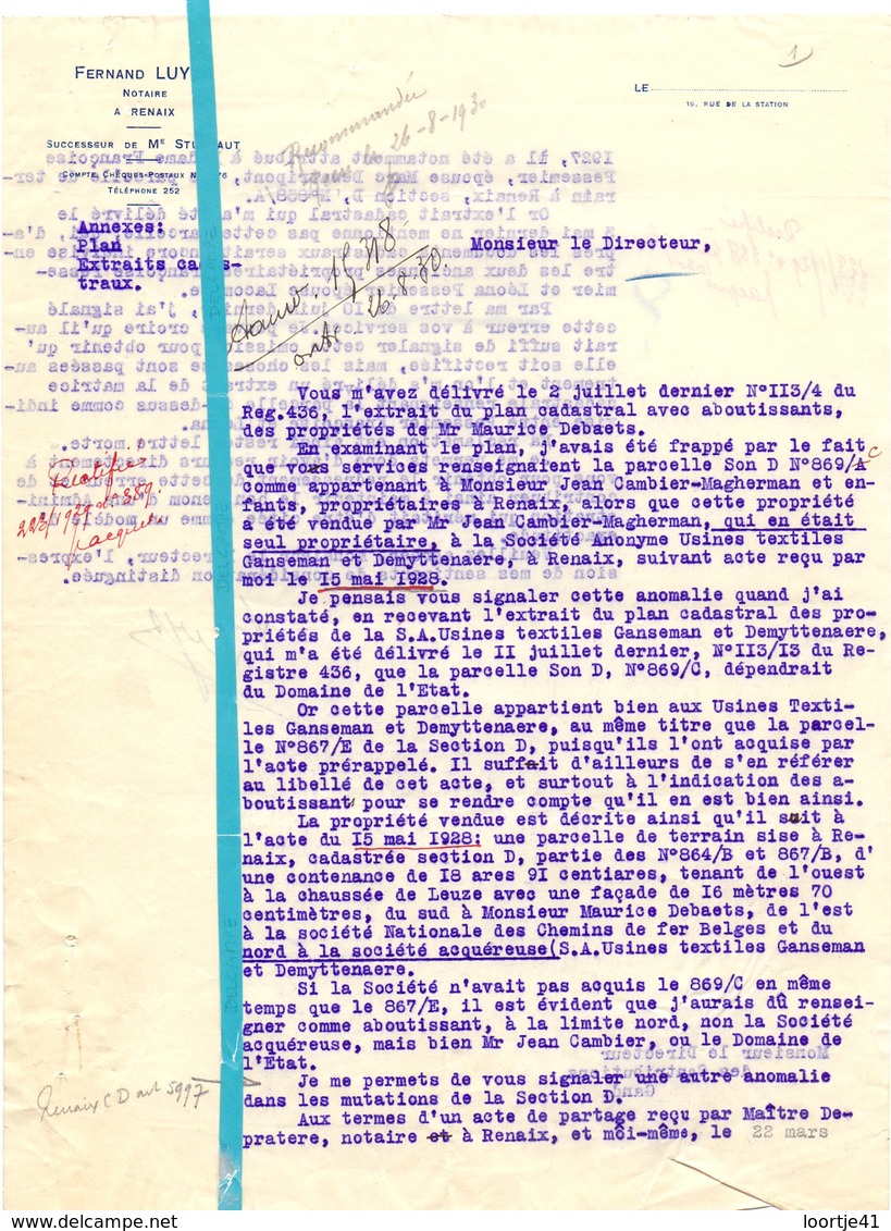 Brief Lettre - Notaris Fernand Luyck Renaix Ronse - Naar Kadaster 1930 - Unclassified