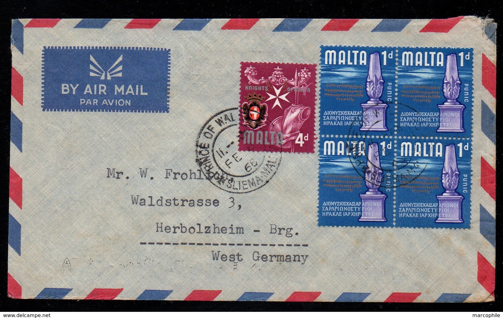 MALTE - MALTA - PRINCE OF WALES - SLIEMA / 1968 LETTRE AVION POUR L'ALLEMAGNE (ref LE3104) - Malte