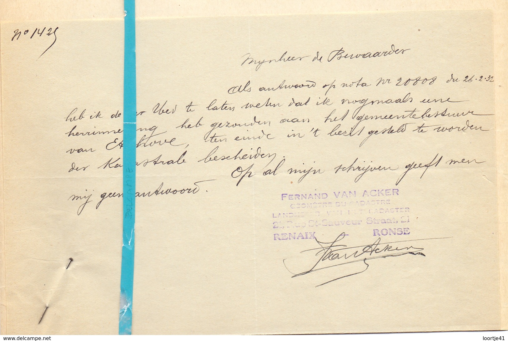 Brief Lettre - Fernand Van Acker - Renaix Ronse - Naar Kadaster 1932 + Brief Met Antwoord - Non Classés