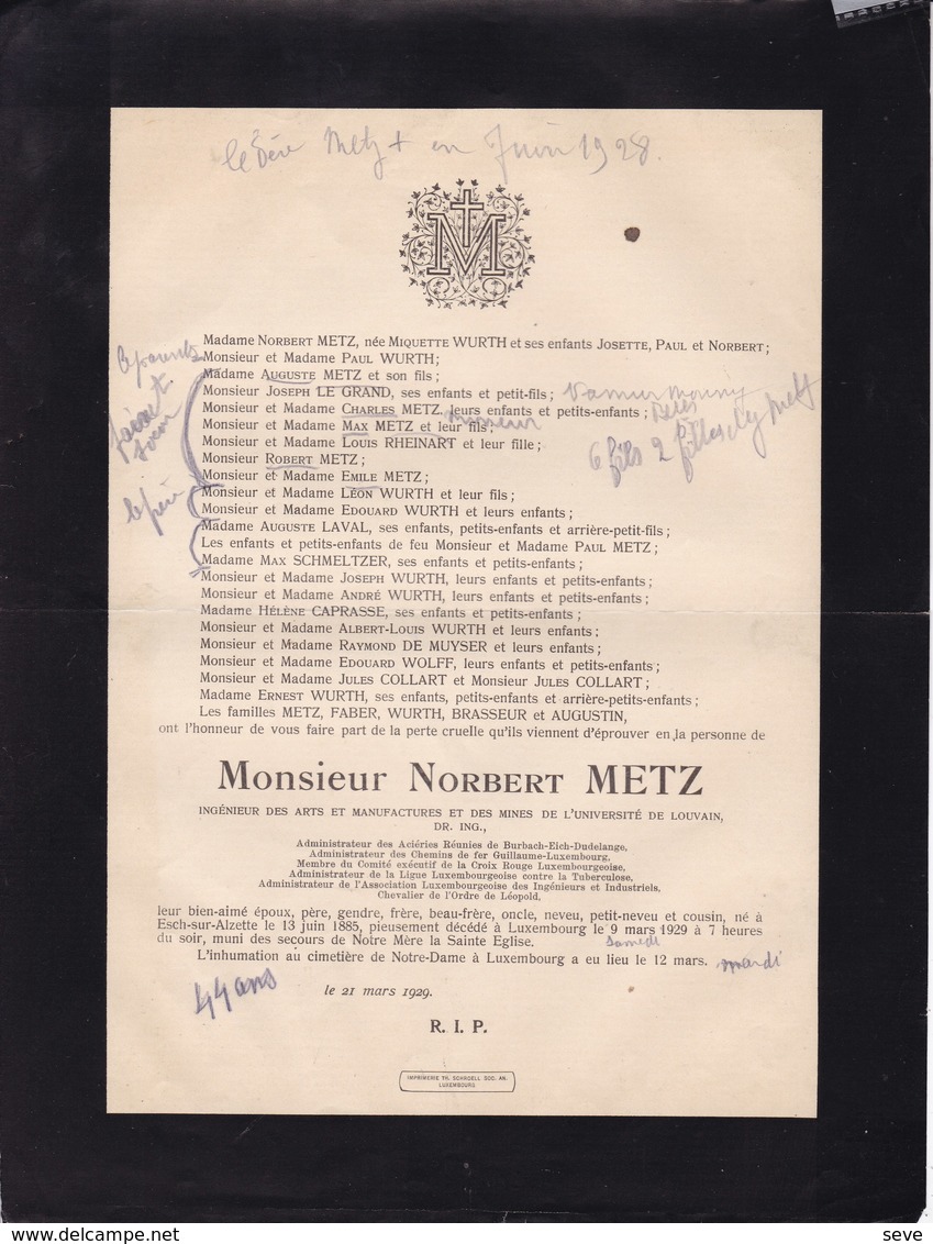 ESCH-sur-ALZETTE LUXEMBOURG Norbert METZ Ingénieur 1885-1929 Aciéries Réunies De BURBACH-EICH-DUDELANGE - Décès