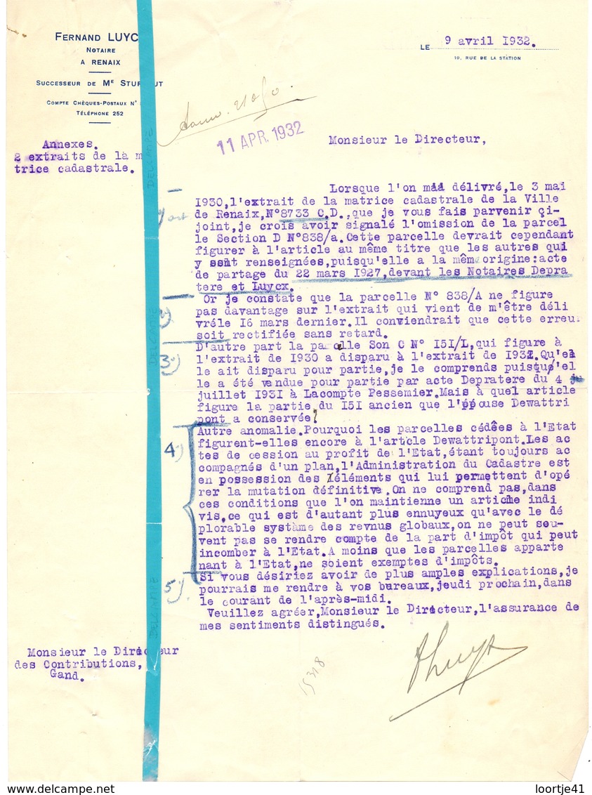 Brief Lettre - Notaire F. Luycx - Renaix Ronse - Naar Kadaster 1932 + Brief Met Antwoord - Non Classés