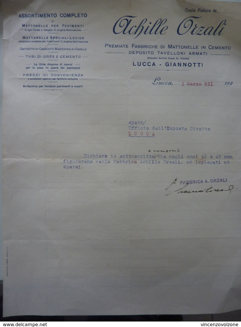 Lettera Commerciale "ACHILLE ORZALI Premiate Fabbriche Di Mattonelle Di Cemento LUCCA  - GIANNOTTI" 3 Marzo 1951 - Italia