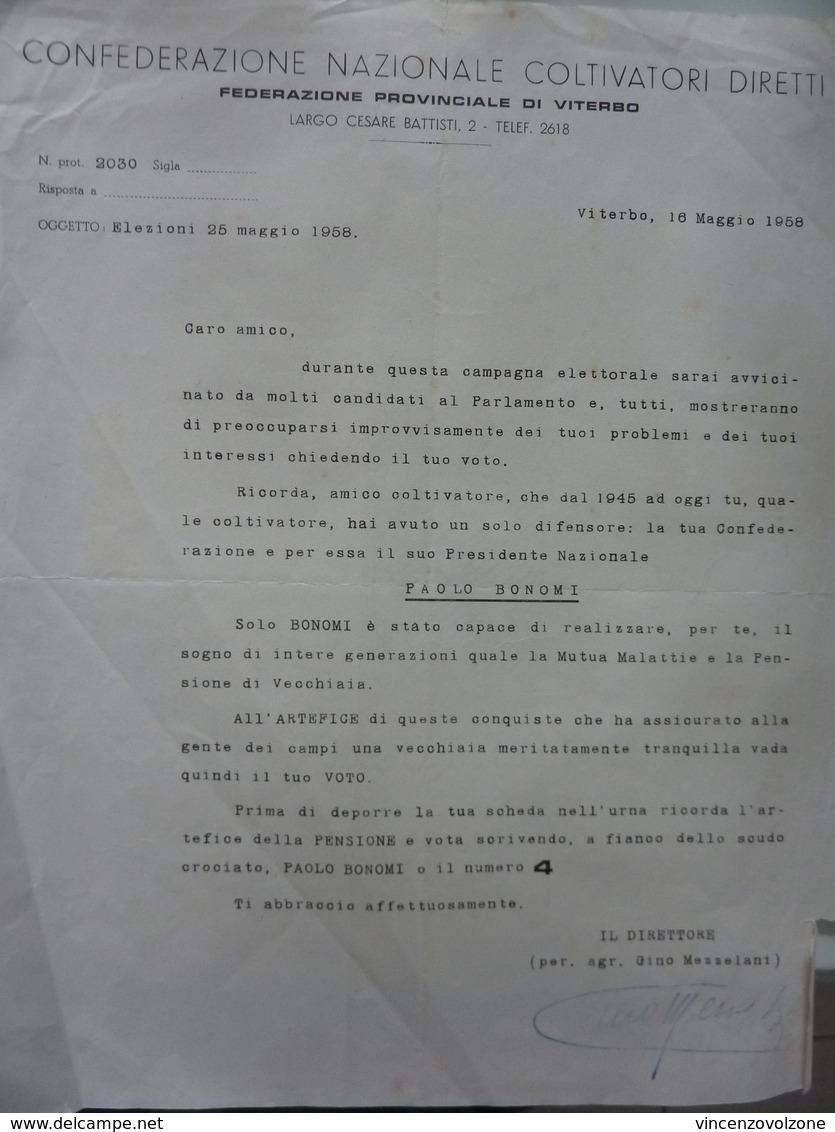 Lettera Commerciale "CONFEDERAZIONE NAZIONALE COLTIVATORI DIRETTI Federazione Provinciale Di Viterbo" 16 Maggio 1958 - Italie