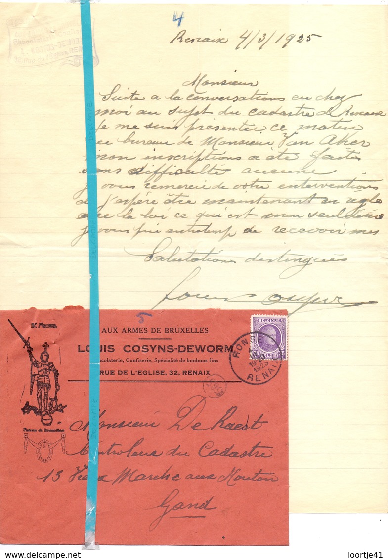 Brief Lettre - Louis Cosyns - Deworm - Renaix Ronse - Naar Kadaster 1925 + Brief Met Antwoord - Non Classés
