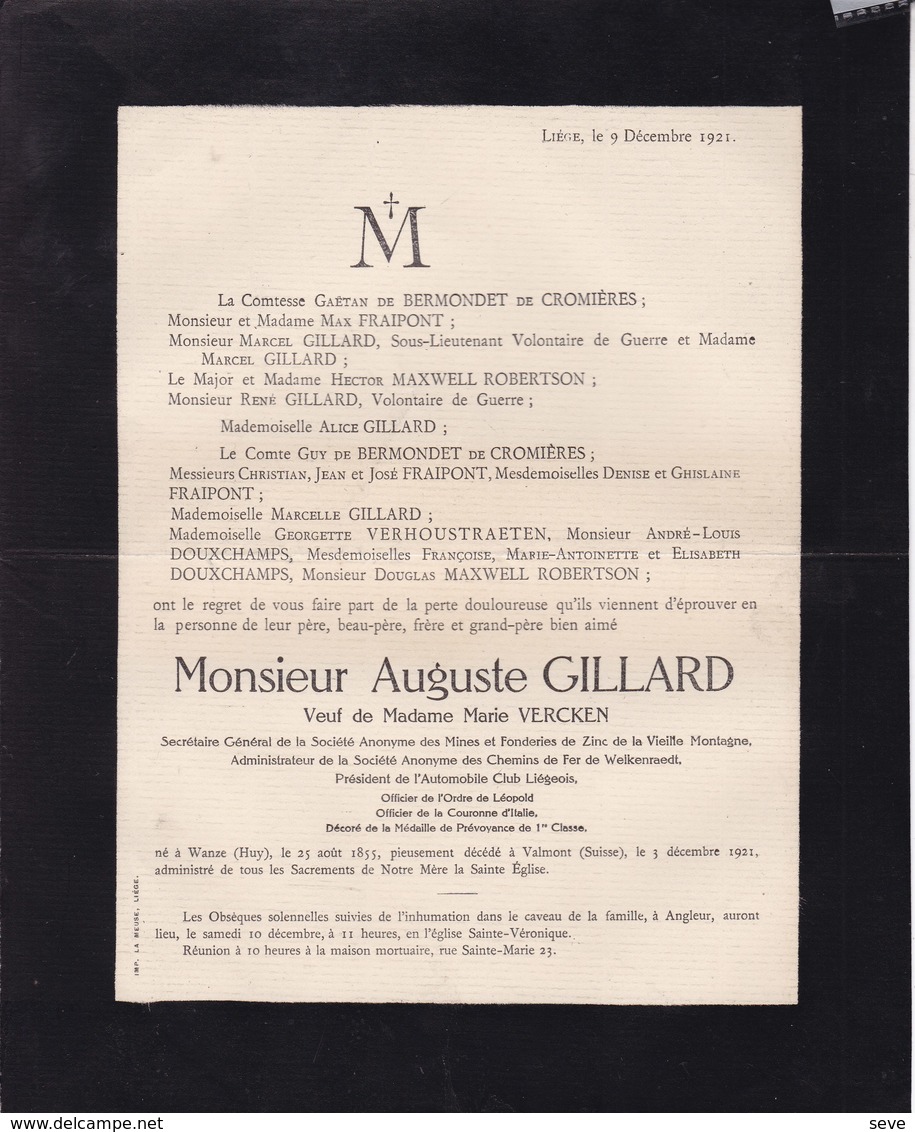 WANZE VALMONT Suisse Auguste GILLARD Zinc De La Vieille Montagne Président Automobile Club Liégeois 1855-1921 Vercken - Décès