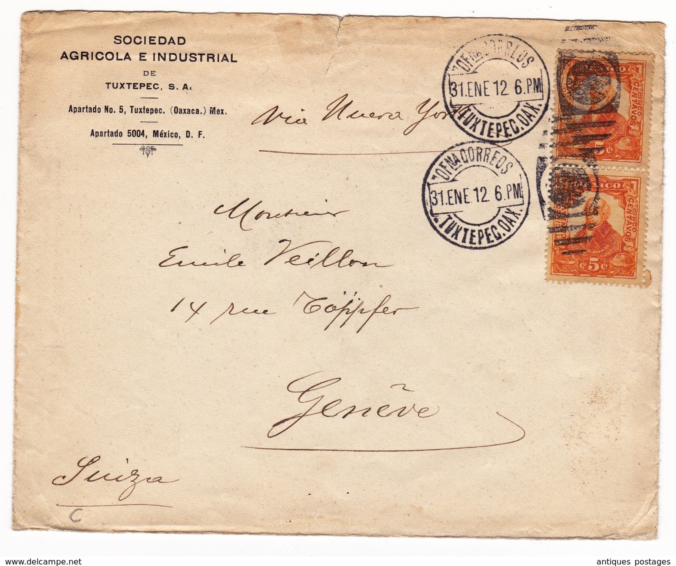 Lettre 1912 Mexique Mexico Genève Geneva Suisse Switzerland Sociedad Agricola E Industrial De Tuxtepec - Mexique