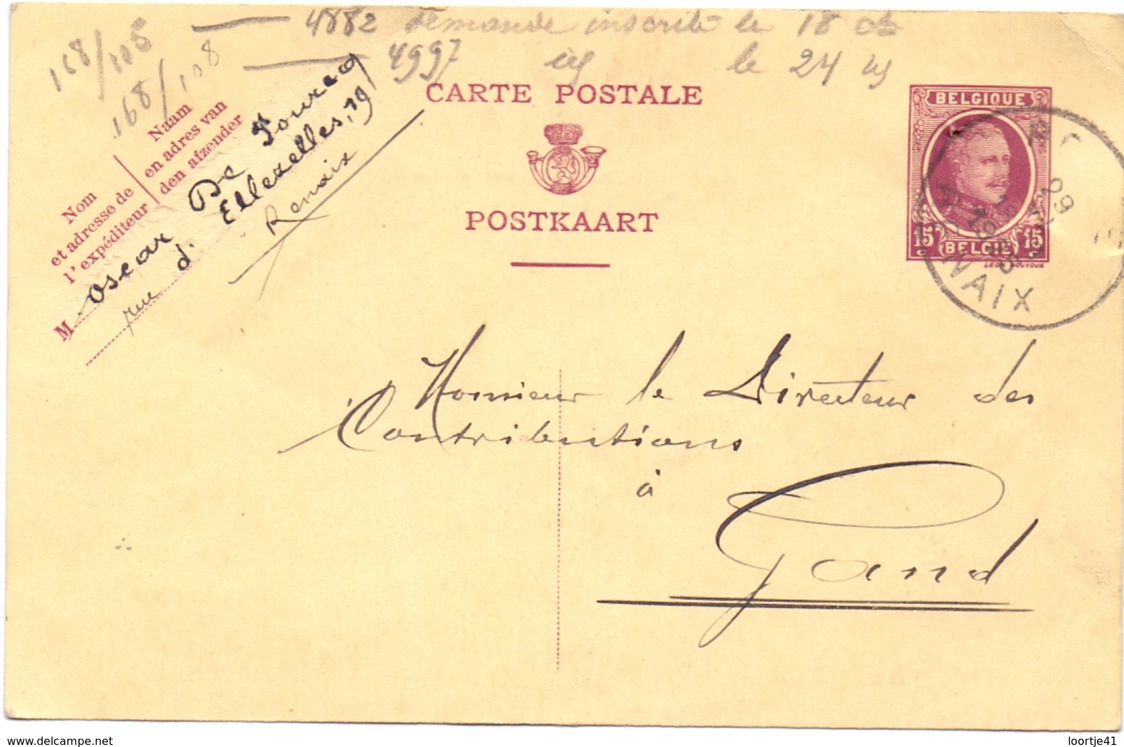 Brief Lettre - Briefkaart Oscar De Pourcq  - Renaix Ronse - Naar Kadaster 1925 + Brief Met Antwoord - Non Classés