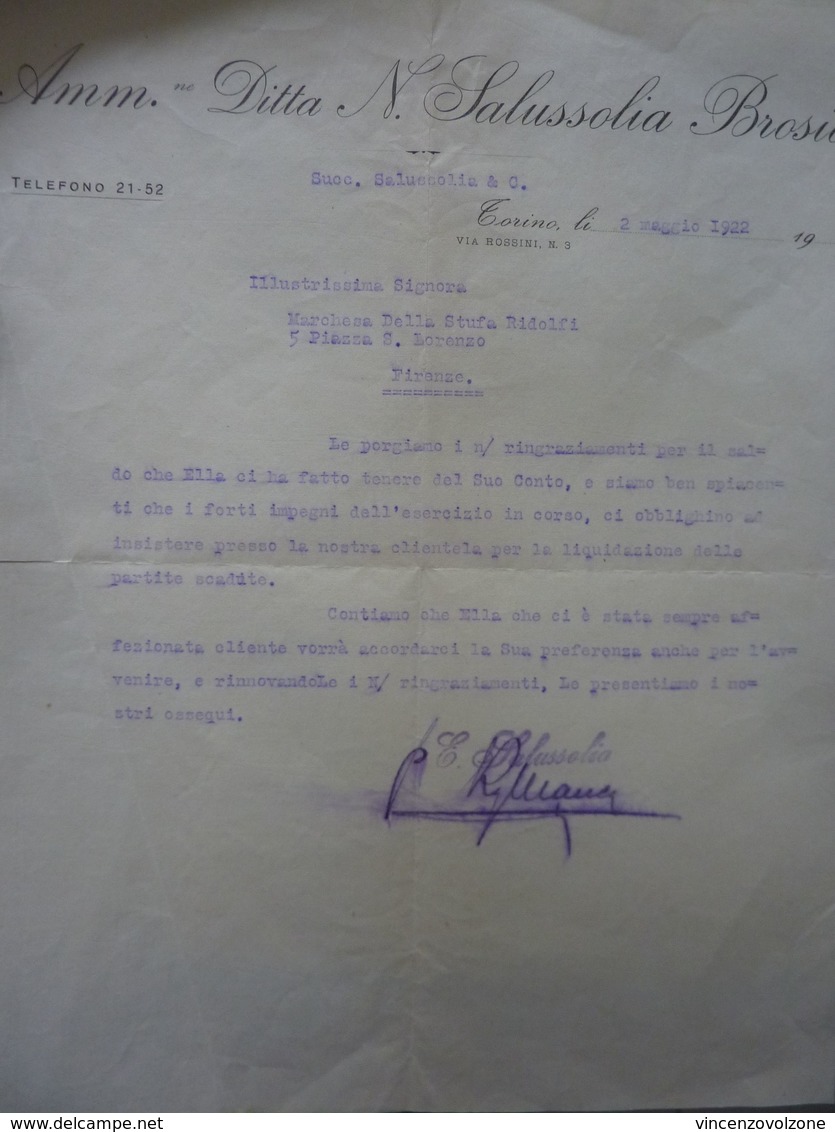 Lettera Commerciale "Amm. Ditta N. SASSUOLIA BROSIO Torino" Marchesa Ridolfi  2 Maggio 1922 - Italie