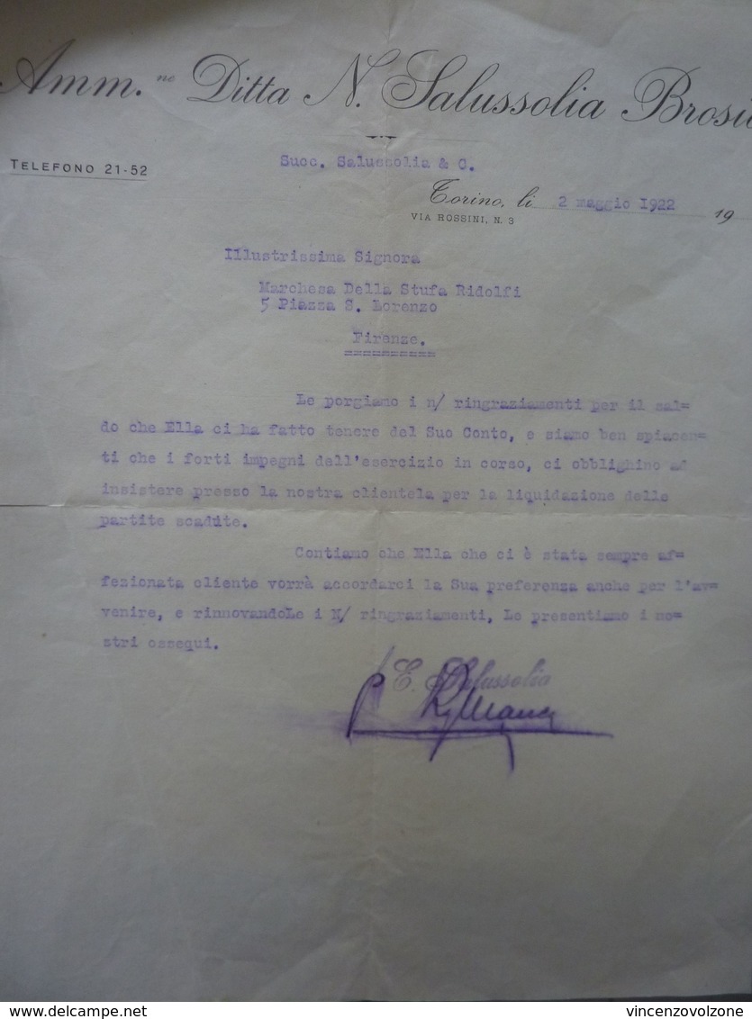 Lettera Commerciale "Amm. Ditta N. SASSUOLIA BROSIO Torino" Marchesa Ridolfi  2 Maggio 1922 - Italia