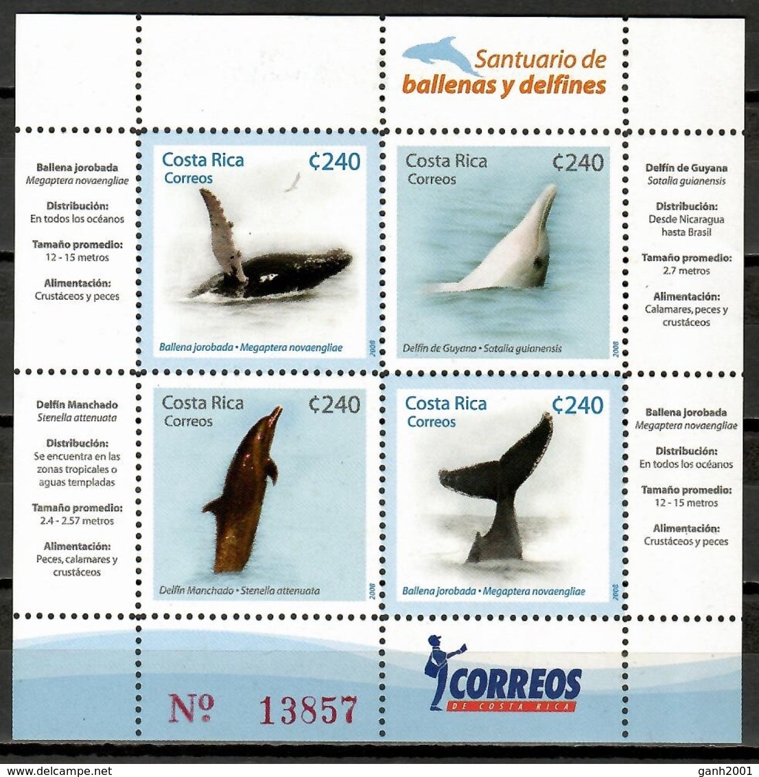 Costa Rica 2008 /  Marine Mammals Whale Dolphin MNH Mamiferos Marinos Ballenas Delfines Säugetiere / Cu10902  C5 - Ballenas
