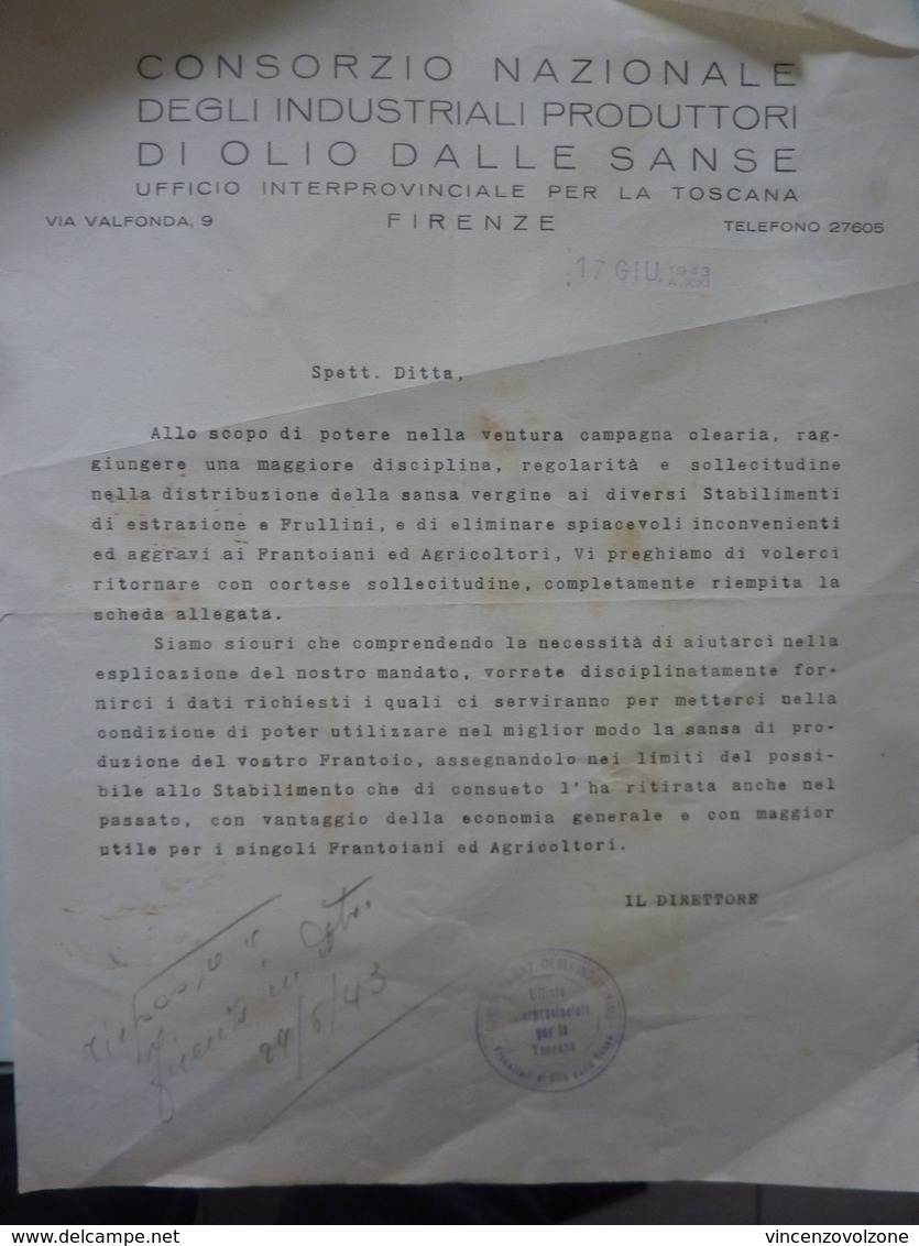 Lettera Commerciale "CONSORZIO NAZIONALE DEGLI INDUSTRIALI PRODUTTORI DI OLIO DELLE SANSE"  Firenze 17 Giugno 1943 - Italia