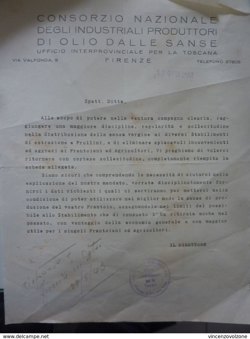 Lettera Commerciale "CONSORZIO NAZIONALE DEGLI INDUSTRIALI PRODUTTORI DI OLIO DELLE SANSE"  Firenze 17 Giugno 1943 - Italie