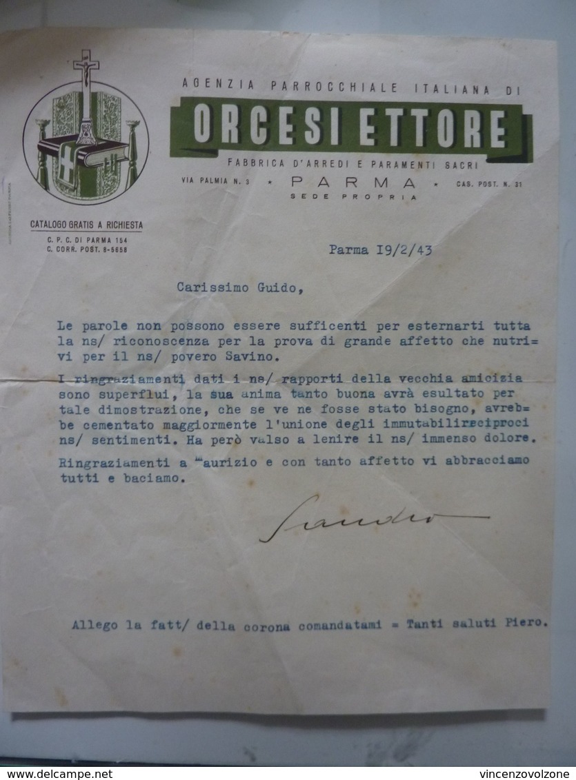Lettera Commerciale "AGENZIA PARROCCHIALE ITALIANA DI ORCESI ETTORE PARMA" 19 Febbraio 1943 - Italie
