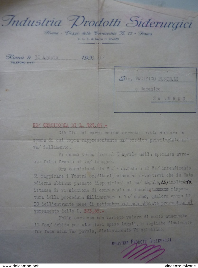 Lettera Commerciale "INDUSTRIA PRODOTTI SIDERURGICI  Roma"  31 Agosto 1931 - Italie