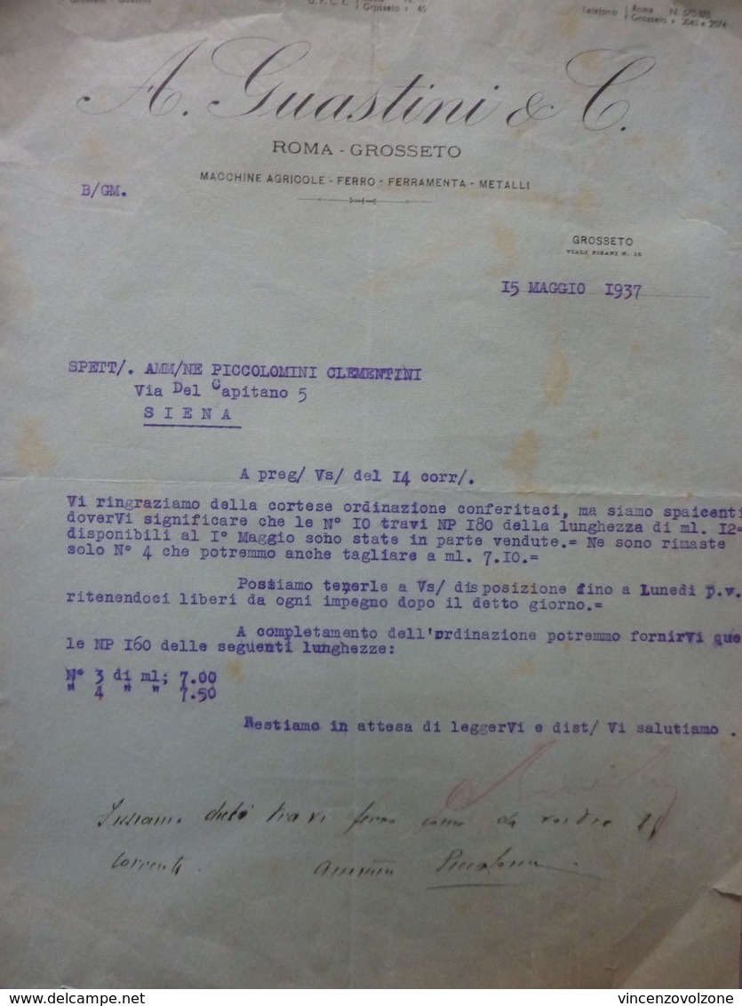 Lettera Commerciale "A. GUASTINI & C. ROMA - GROSSETO MACCHINE AGRICOLE,FERRO, FERRAMENTA,ETC." 15 Maggio 1937 - Italia