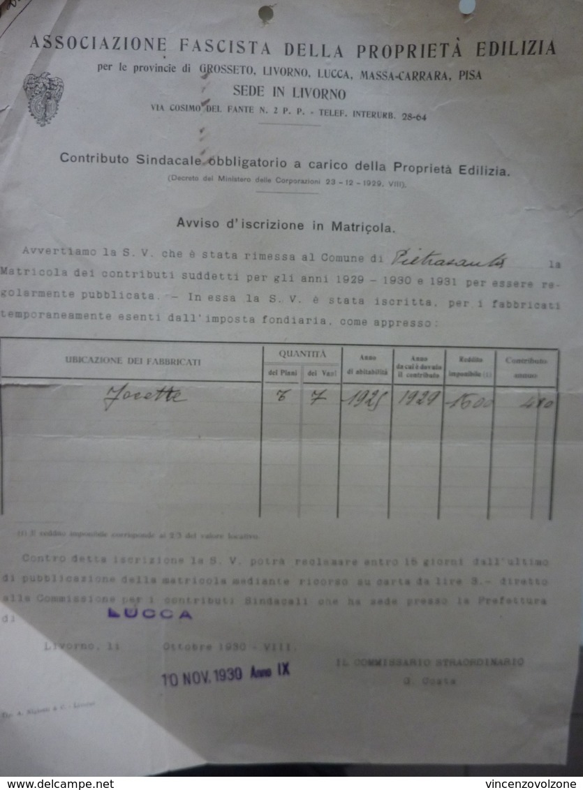 Lettera Commerciale  Viaggiata "ASSOCIAZIONE FASCISTA DELA PROPRIETA' EDILIZIA SEDE DI LIVORNO" 10 Novembre 1933 - Italie