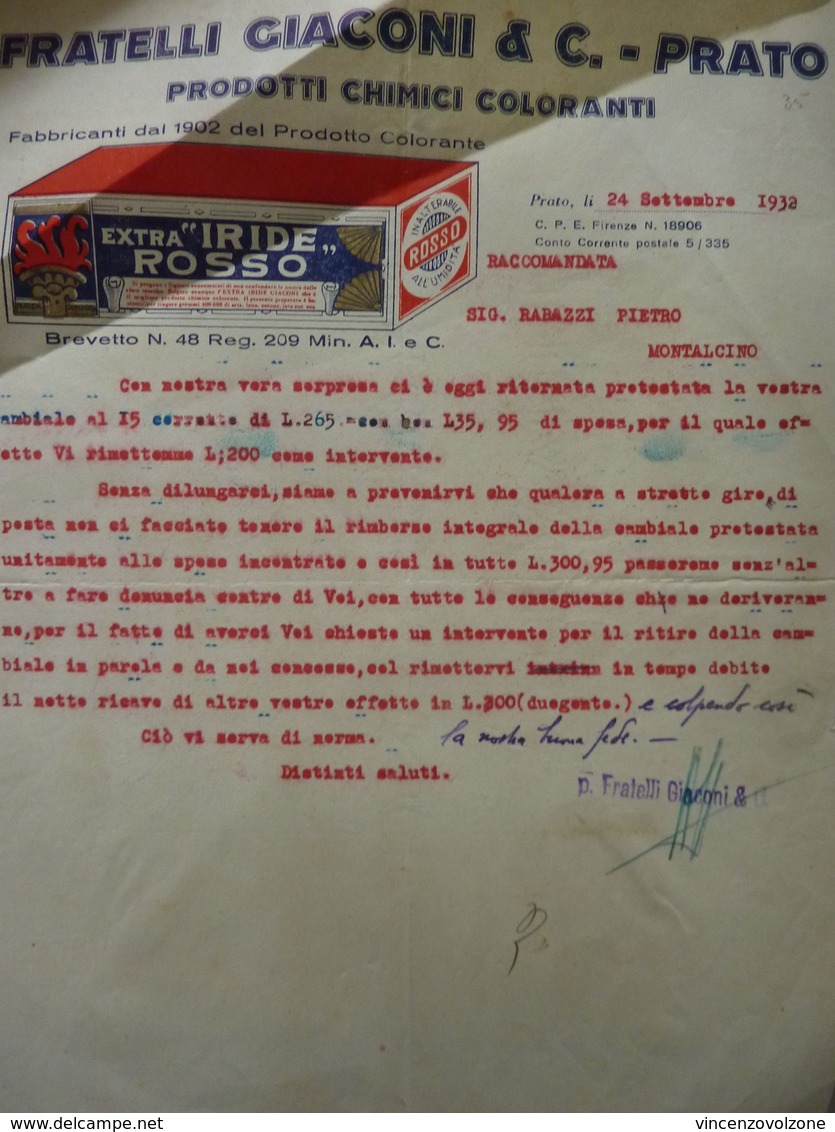 Lettera Commerciale "FRATELLI GIACONI & C. PRATO PRODOTTI CHIMICI COLORANTI" 24 Settembre 1932 - Italia