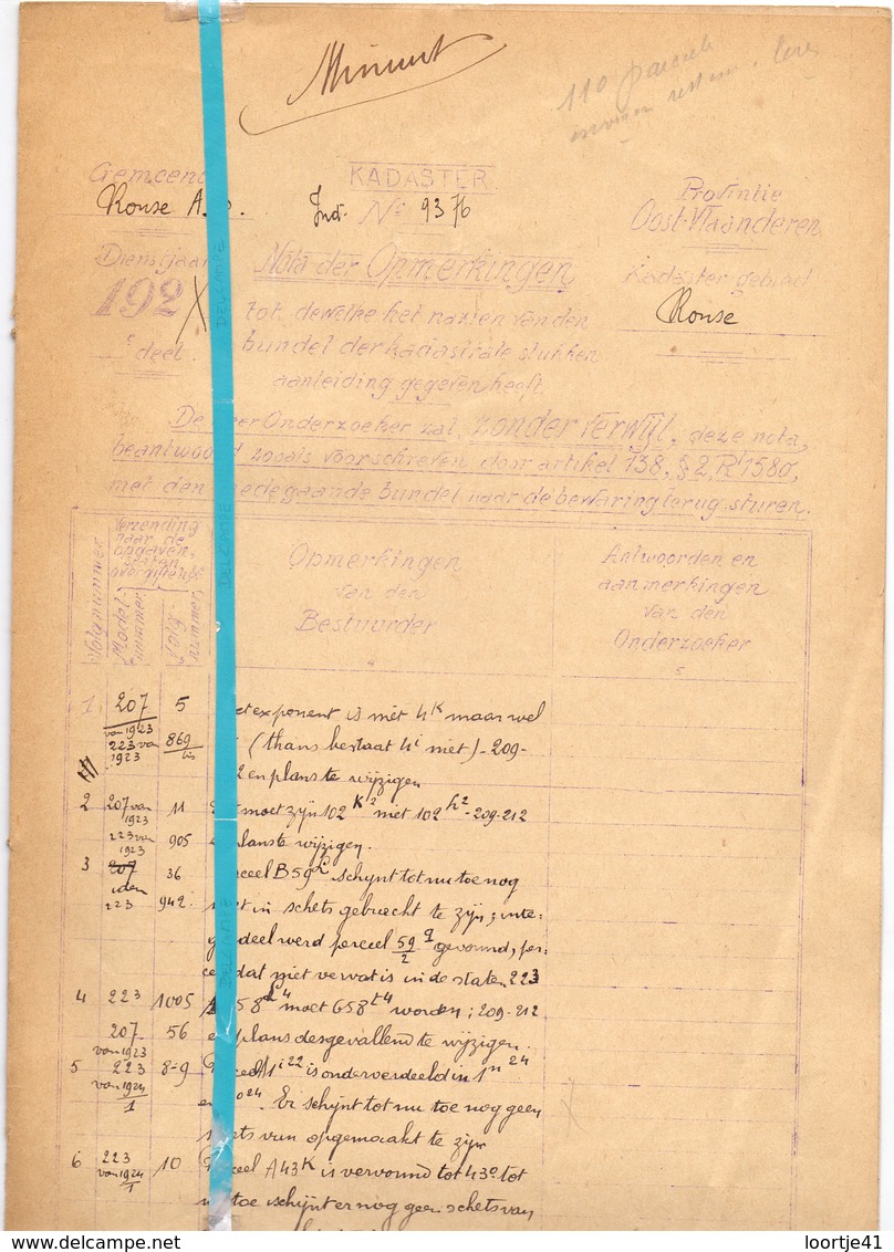 Brief Lettre - Minuut Kadaster Renaix Ronse - 1928 - Non Classés