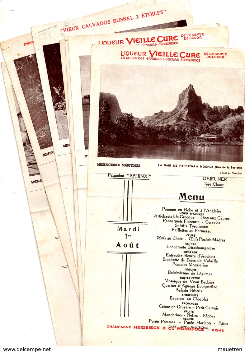 7 MENUS MESSAGERIES MARITIMES PAQUEBOT SPHINX 1° Classe - Menus