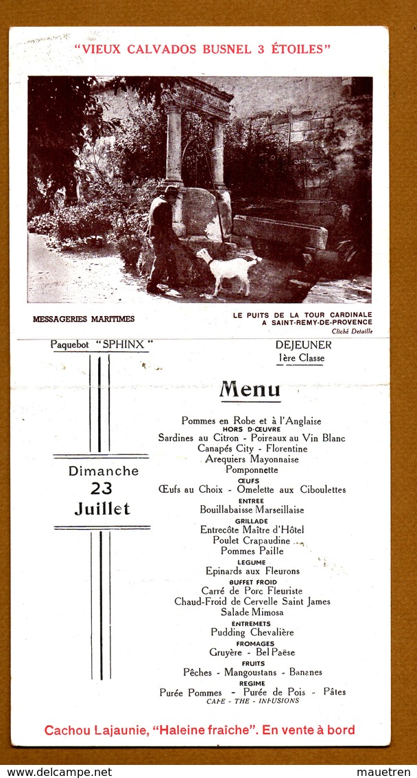 7 MENUS MESSAGERIES MARITIMES PAQUEBOT SPHINX 1° Classe - Menus