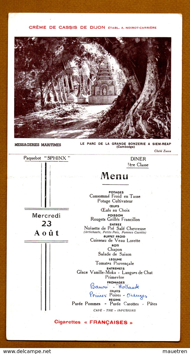 7 MENUS MESSAGERIES MARITIMES PAQUEBOT SPHINX 1° Classe - Menus