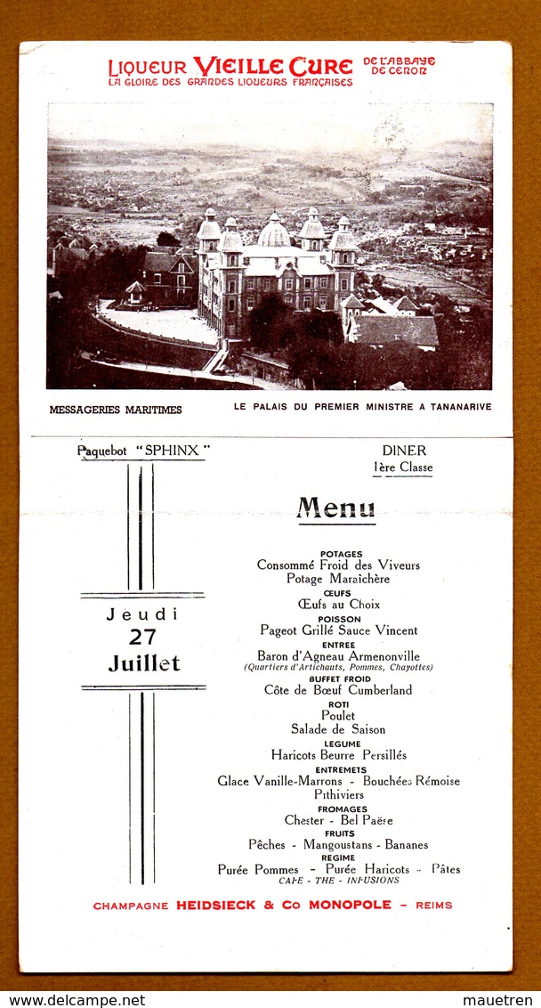 7 MENUS MESSAGERIES MARITIMES PAQUEBOT SPHINX 1° classe