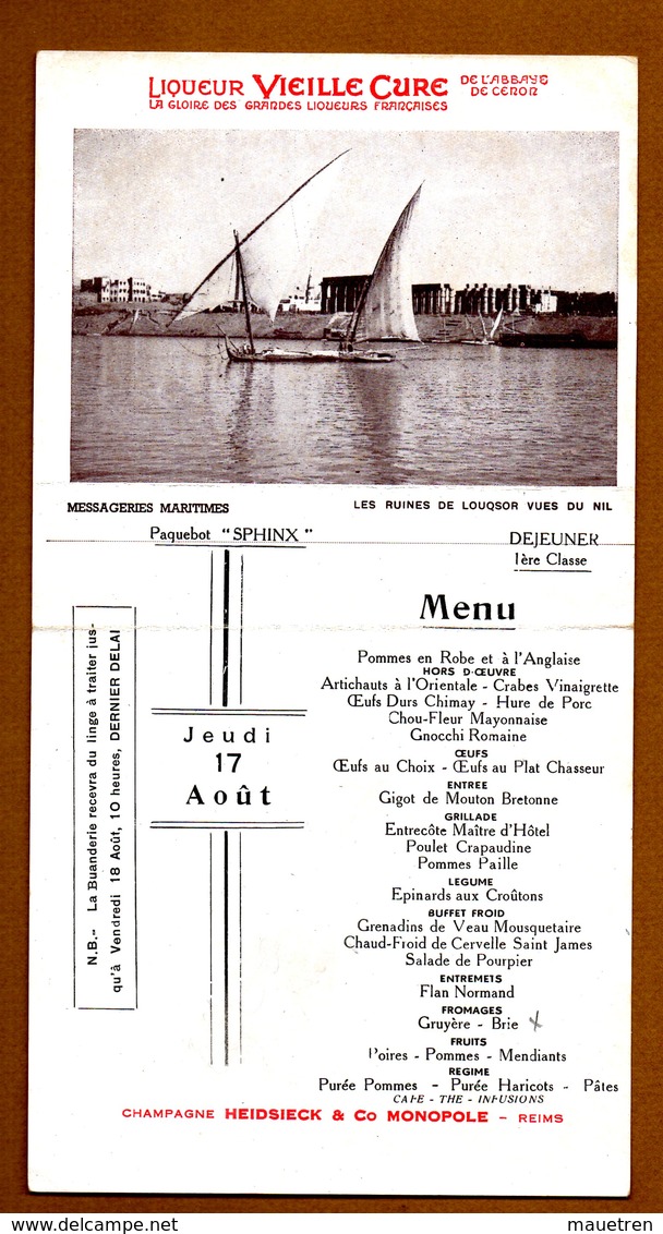 7 MENUS MESSAGERIES MARITIMES PAQUEBOT SPHINX 1° classe