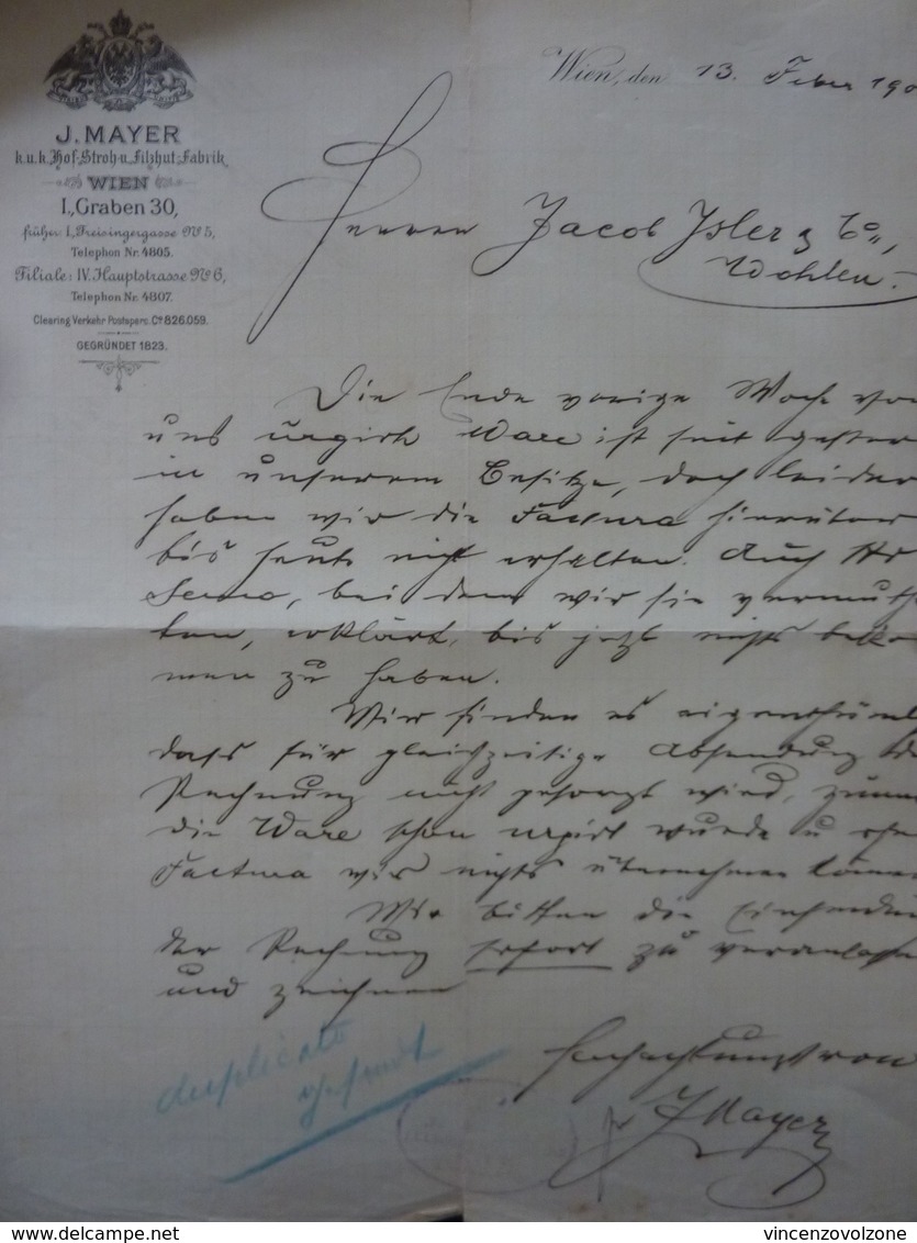 Lettera Commerciale "J. MAYER WIEN" 13 Febbraio 1901 - Austria