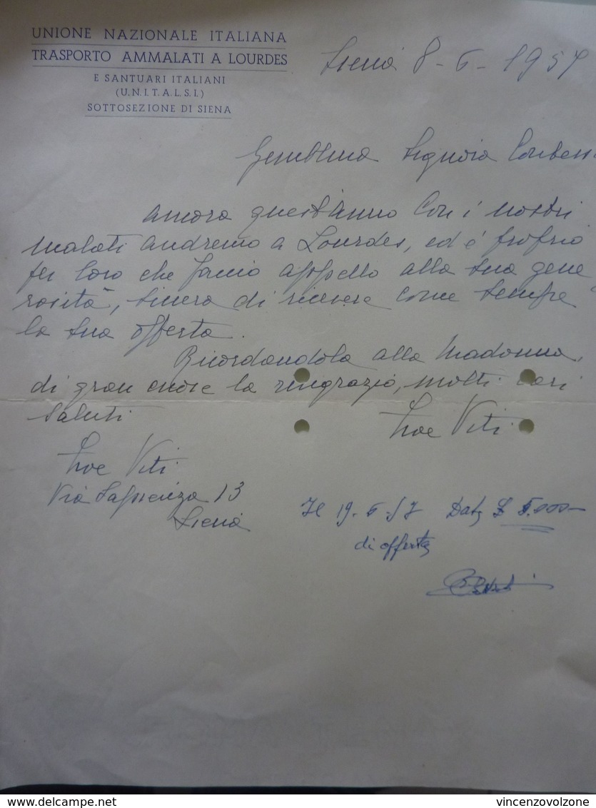 Lettera Commerciale "UNIONE NAZIONALE ITALIANA TRASPORTO AMMALATI LOURDES" Siena 8 Giugno 1956 - Italia