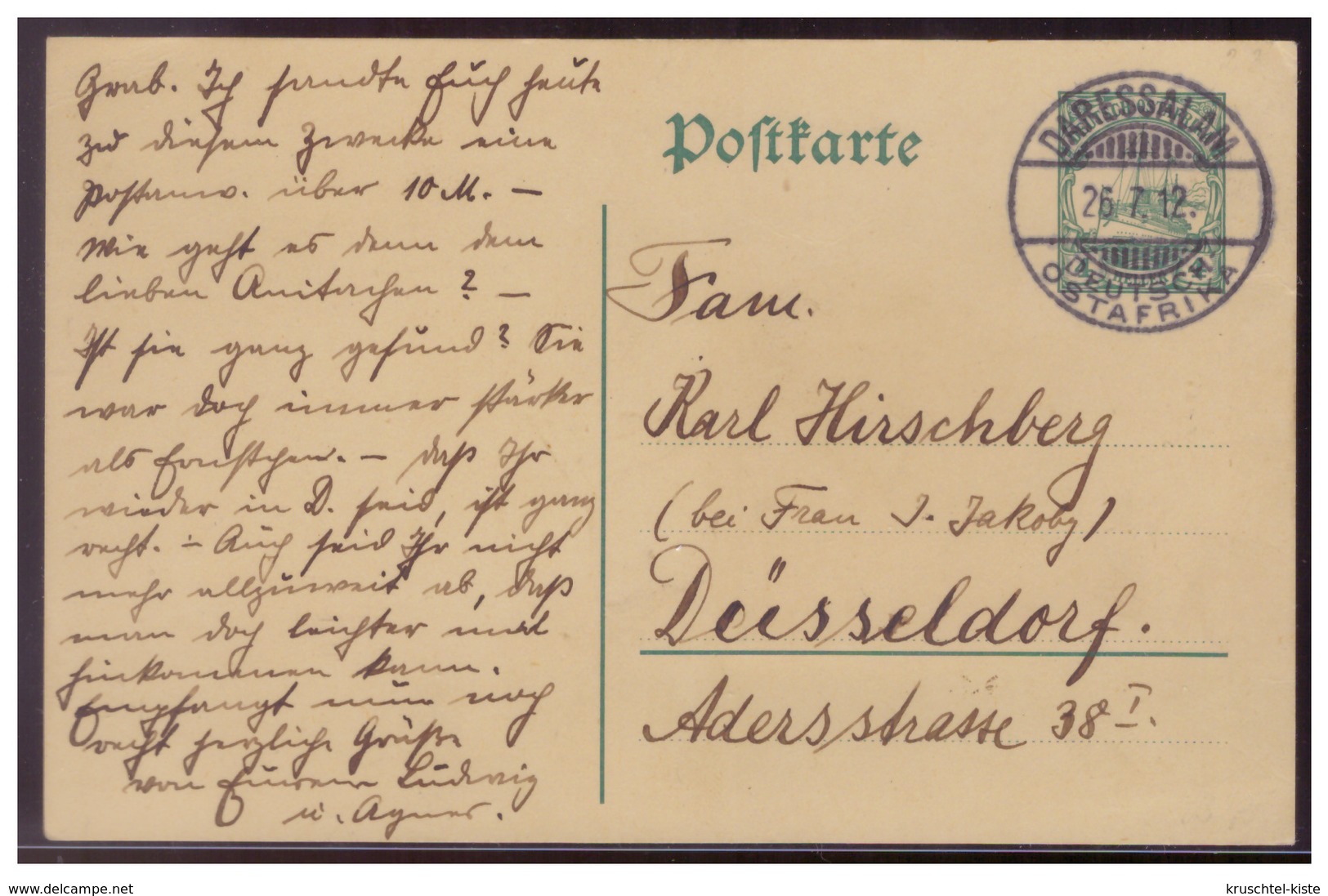 Dt- Reich (007521) Kolonie-Ostafrika Postkarte Ganzsache Gelaufen Sauber Gestempelt Daressalam Am 26.7.1912 - Deutsch-Ostafrika