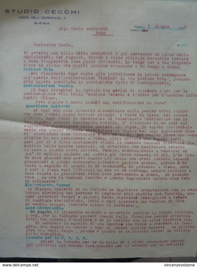 Lettera Commerciale "STUDIO CECCHI COSTA DELL'INCROCIATA, 2 - SIENA" Siena 7 Giugno 1936 - Italia