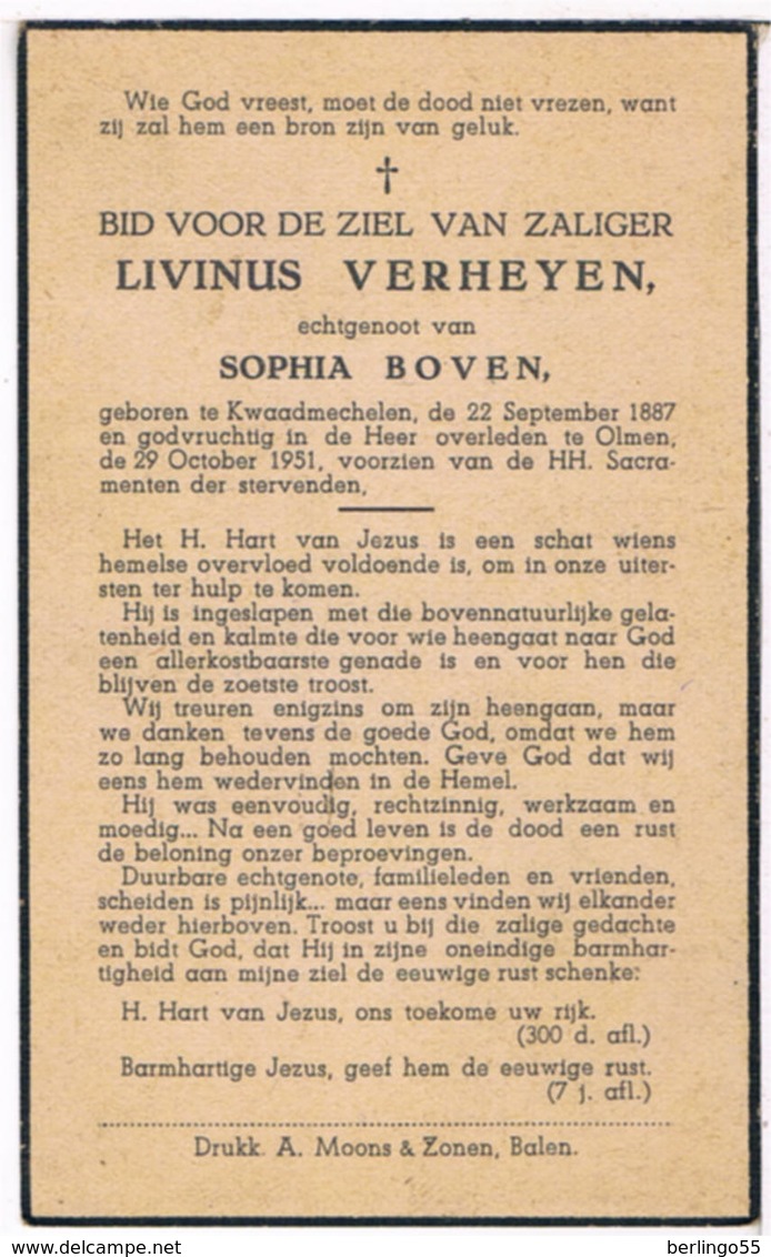 Dp. Verheyen Livinus. Echtg. Boven Sophia. ° Kwaadmechelen 1887 † Olmen 1951 - Religion & Esotérisme