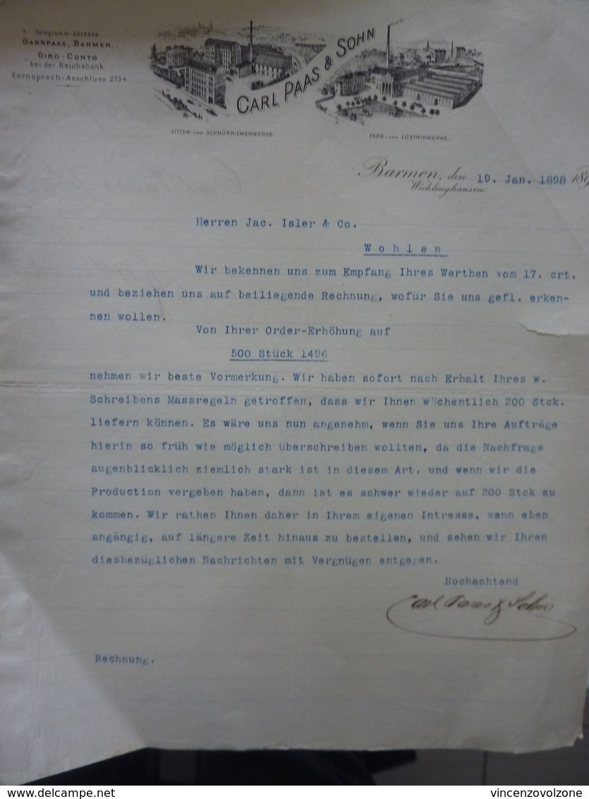 Lettera Commerciale "CARL PAAS & SOHN" 19 Gennaio 1898 - Autres & Non Classés