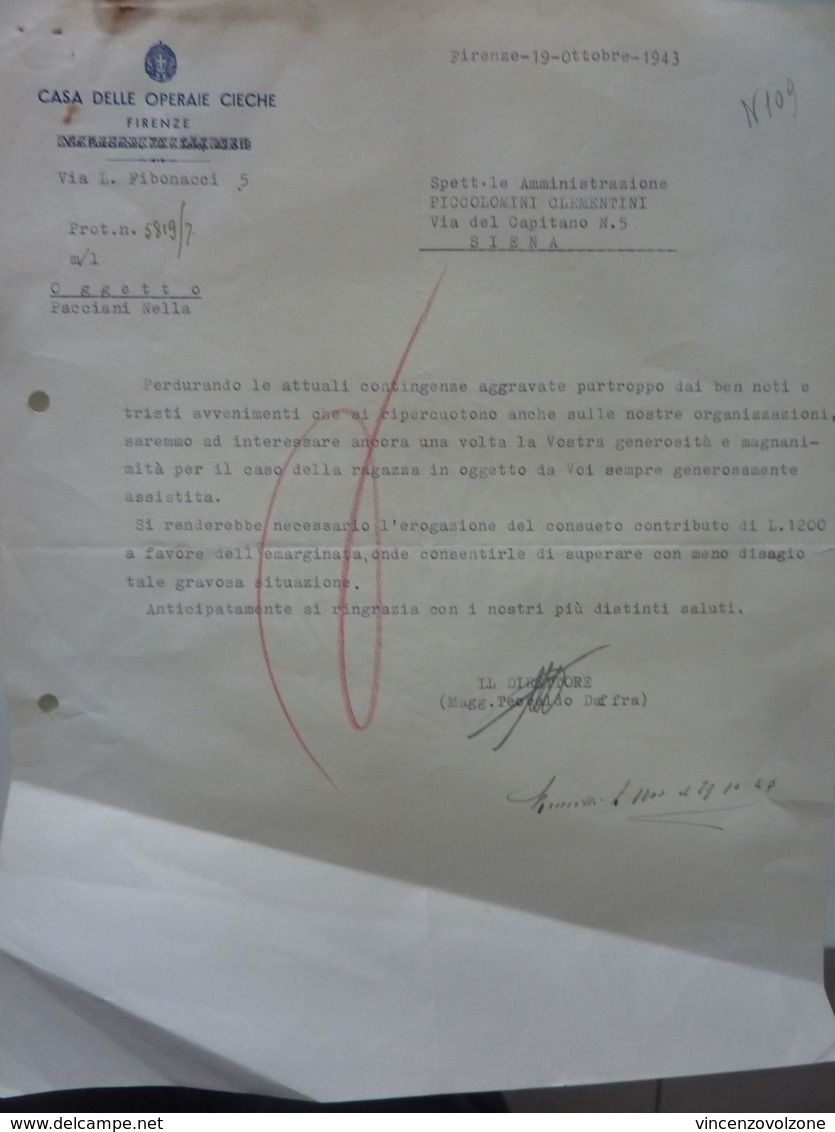 Lettera Commerciale "CASA DELLE OPERAIE CIECHE FIRENZE" 19 Ottobre 1943 - Italie