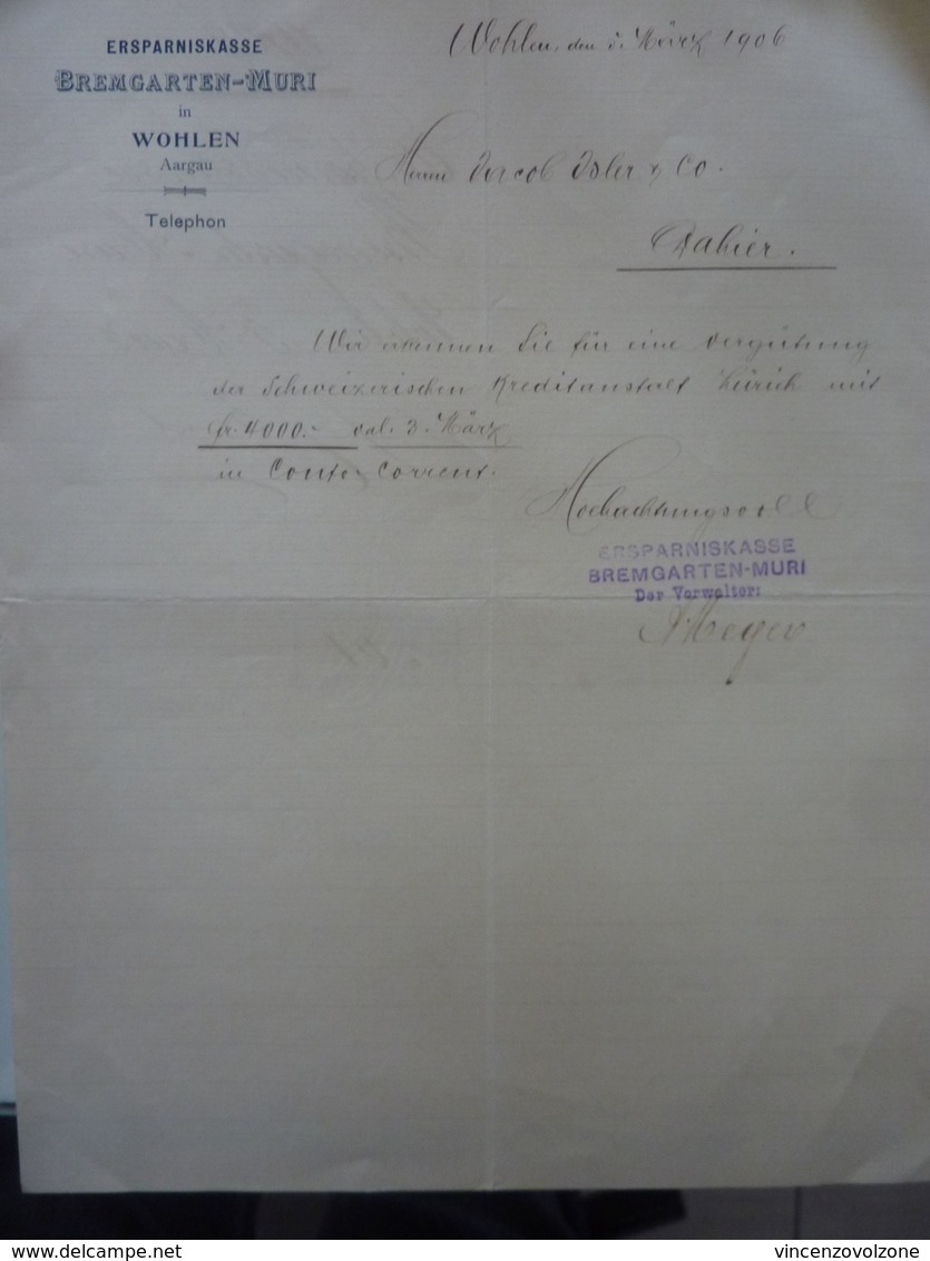 Lettera Commerciale "ERSPARKASSE BREMGARTEN - MURI IN WOHLEN" 5 Marzo 1906 - Banque & Assurance