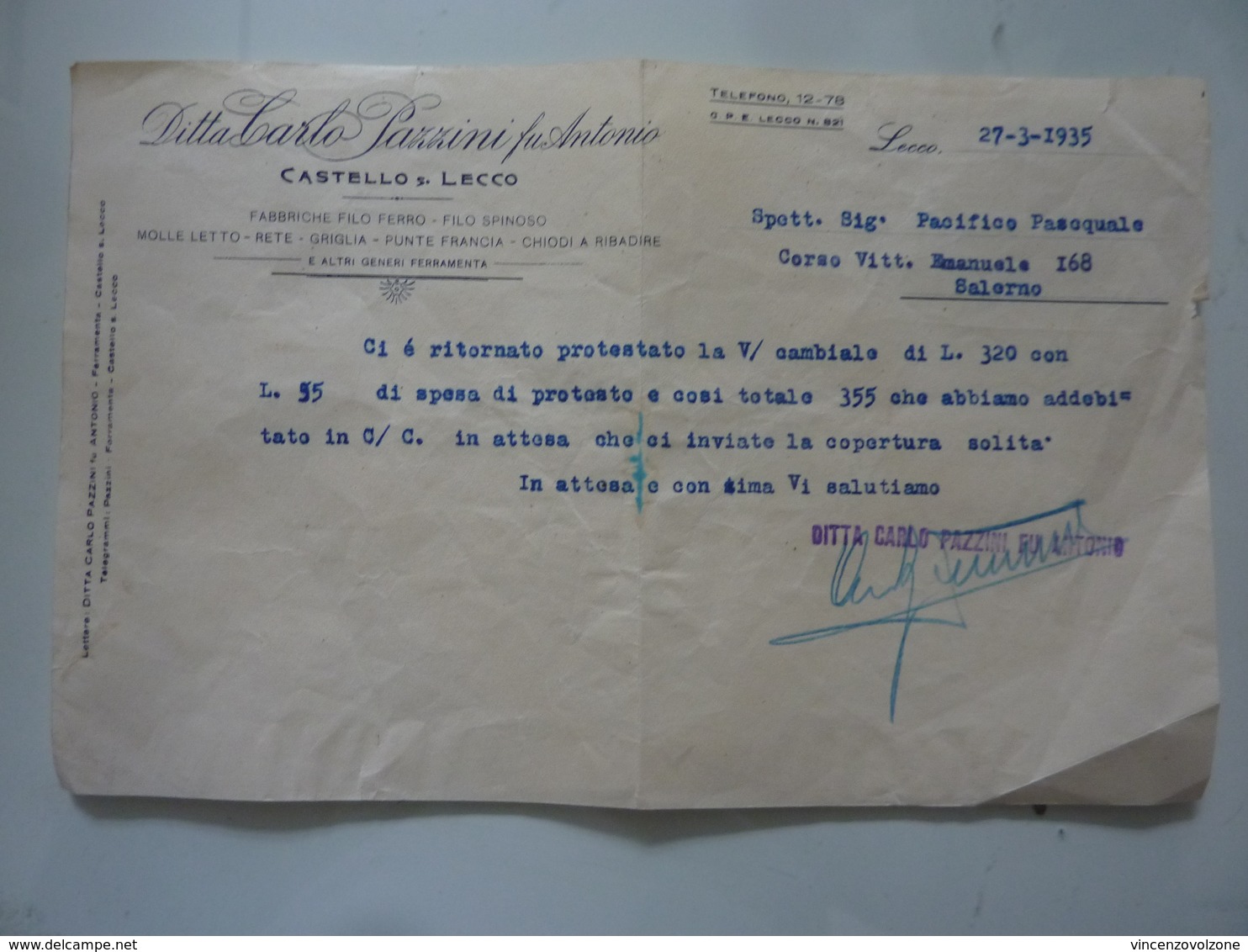Lettera Commerciale "Ditta CARLO PAZZINI Fu ANTONIO Fabbriche Filo Ferro,etc,  CASTELLO DI LECCO" 27 Marzo 1935 - Italie