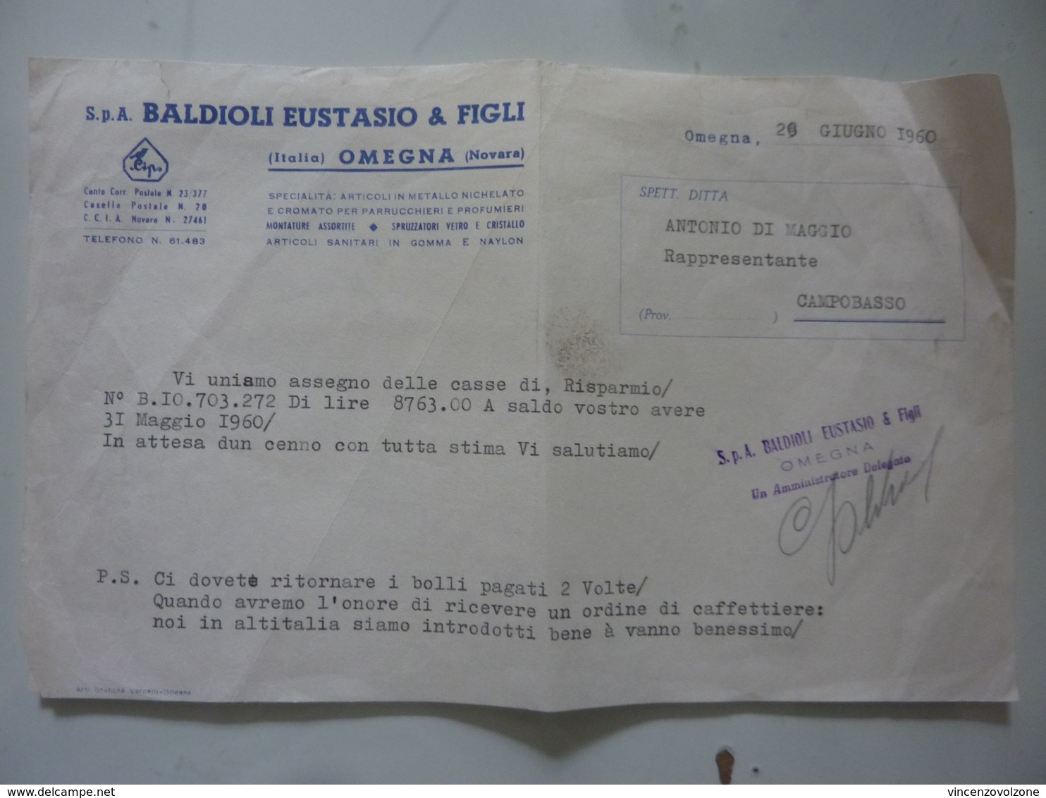 Lettera Commerciale "S.p.A. BALDIOLI EUSTASIO & FIGLI OMEGNA" 28 Giugno 1960 - Italië