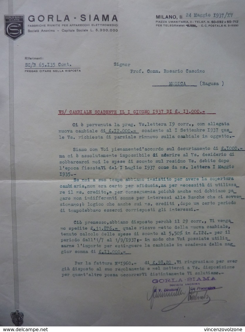 Lettera   Commerciale "GORLA  - SIAMA FABBRICHE RIUNITE PER APPARECCHI ELETTROMEDICI MILANO" 24 Maggio 1937 - Italia