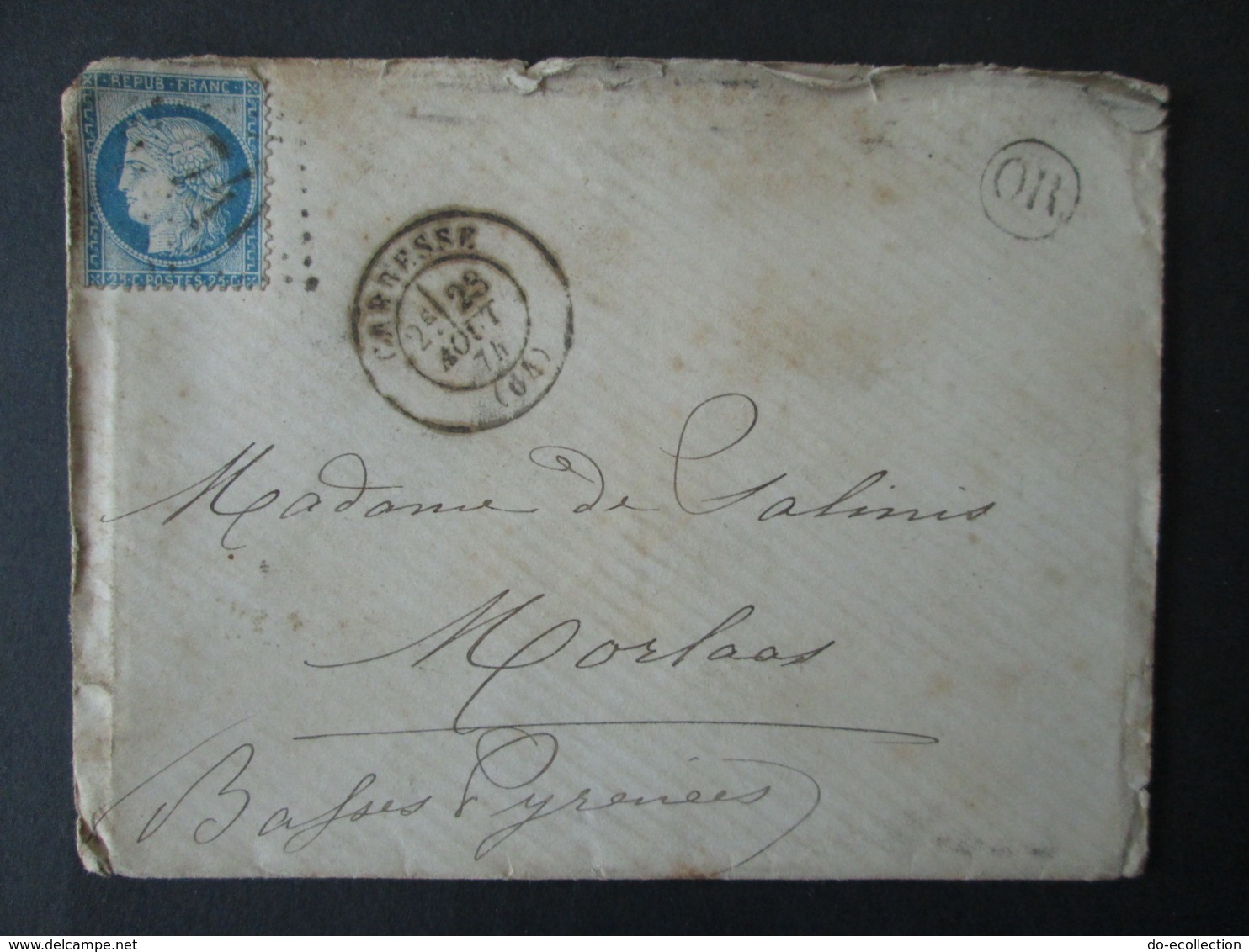 FRANCE 2 Lettres 1874 OR Timbre Cérès GC 741 CARRESSE CASSABER Pyrénées-Atlantiques Dépt 64 Lettre à Mme De Salinis - 1871-1875 Cérès