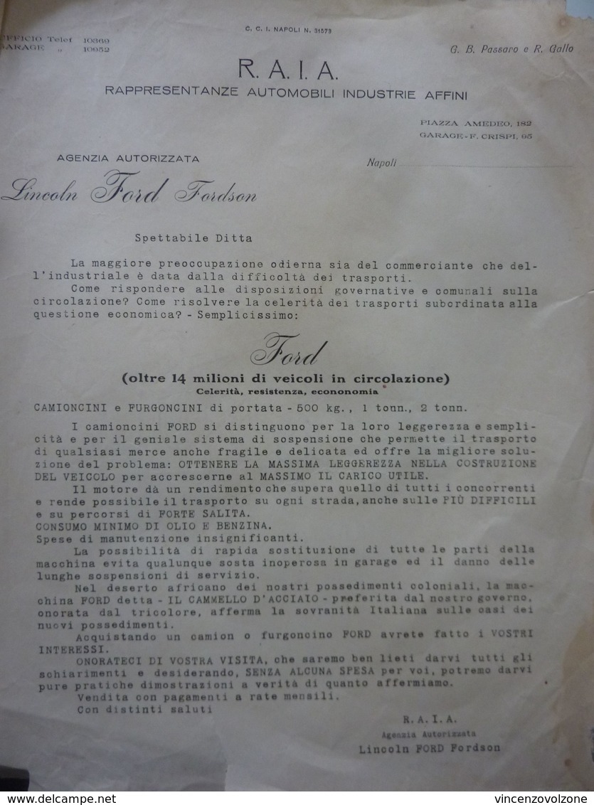 Lettera Commerciale "R.A.I.A. Rappresentanze Autombili Industrie Affini AGENZIA  LINCOLN FORD FORDSON" Anni '30 - Italia