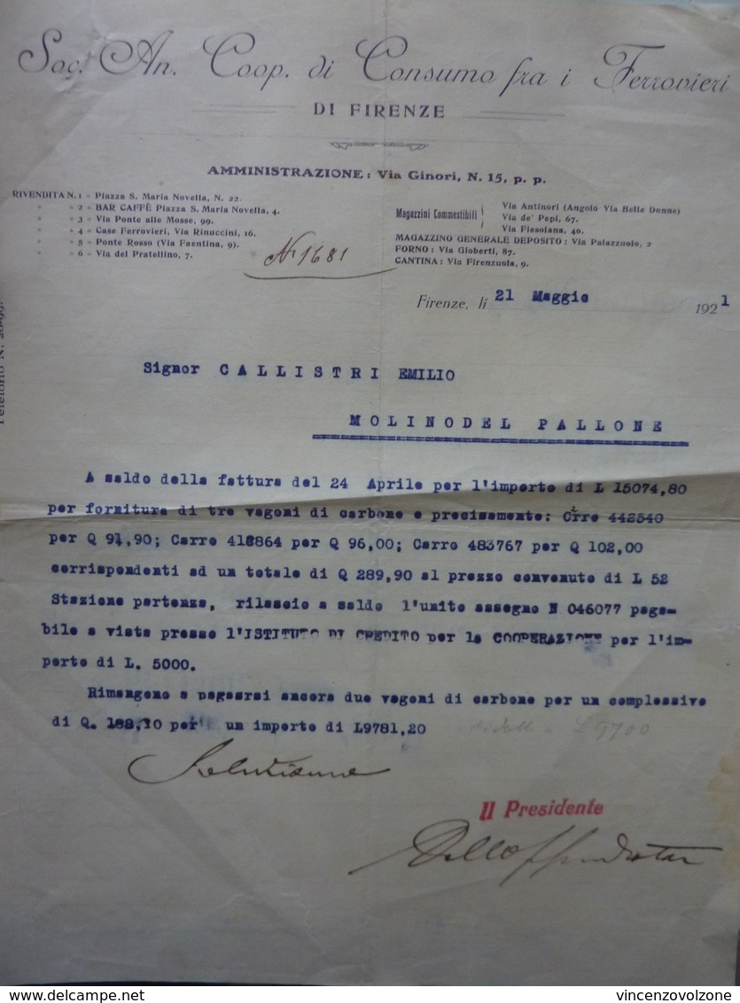 Lettera Commerciale "Soc. An. Coop. Di Consumo Fra I Ferrovieri Di Firenze"  21 Maggio 1921 - Italia