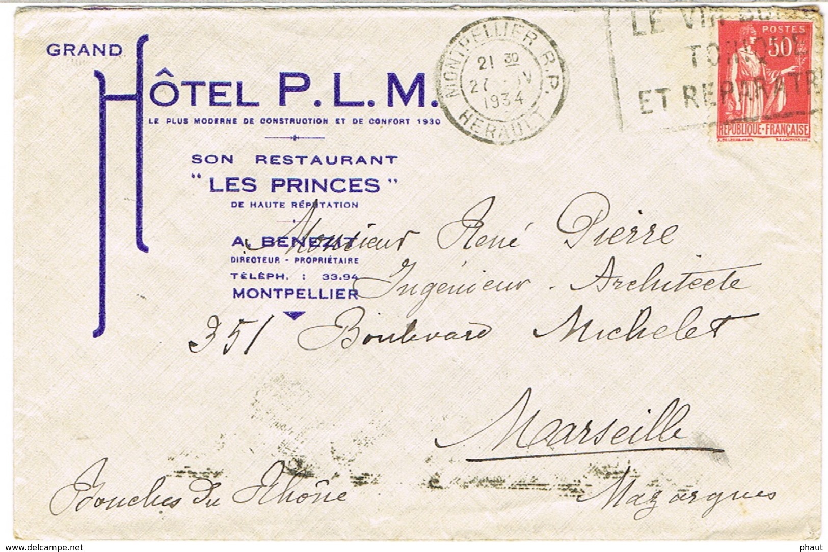 ENVELOPPE  A EN-TETE HOTEL PLM RESTAURANT LES PRINCES A BENEZIT MONTPELLIER - 1921-1960: Période Moderne