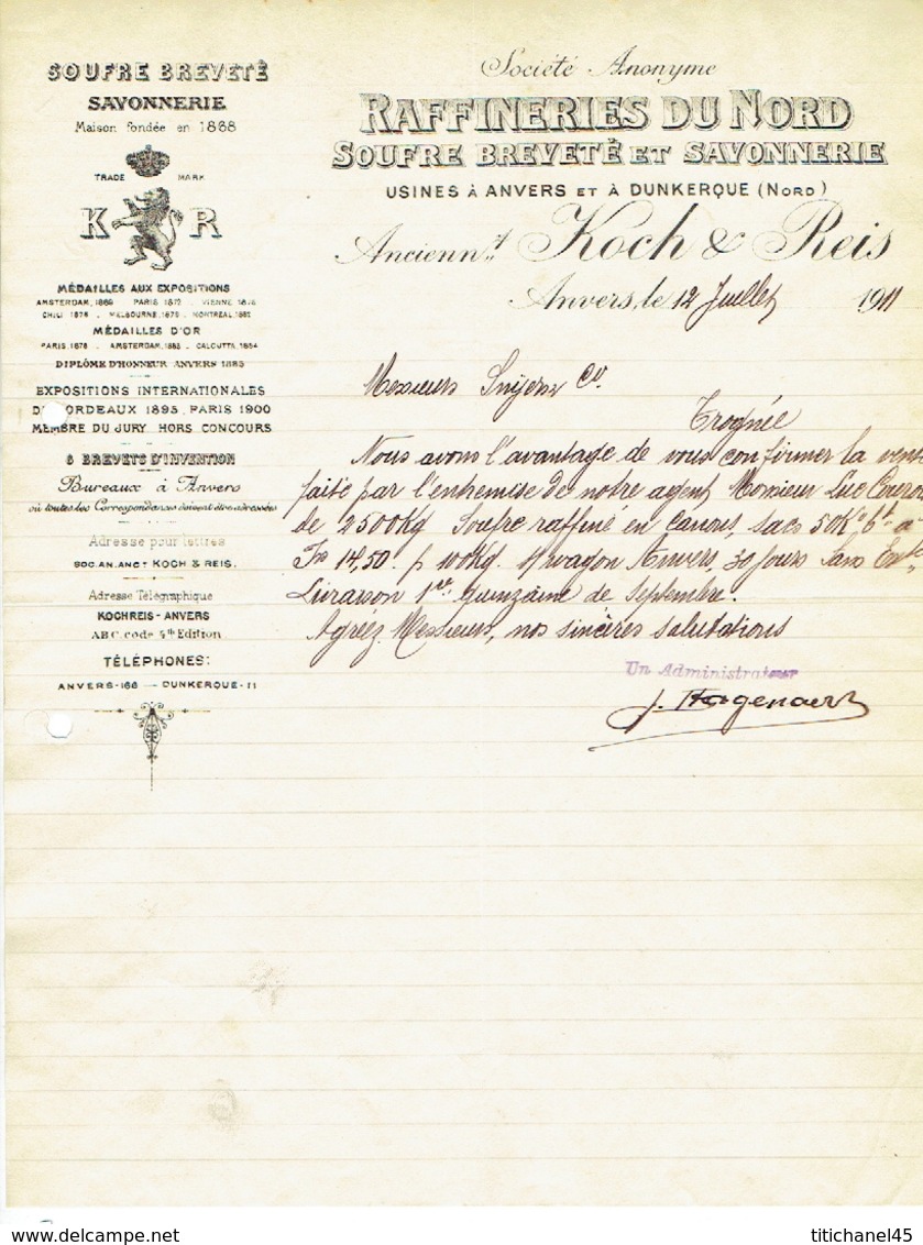 Brief 1911 ANTWERPEN - DUNKERQUE -  KOCH & REIS -  RAFFINERIE DU NORD - Soufre Breveté Et Savonnerie - Autres & Non Classés