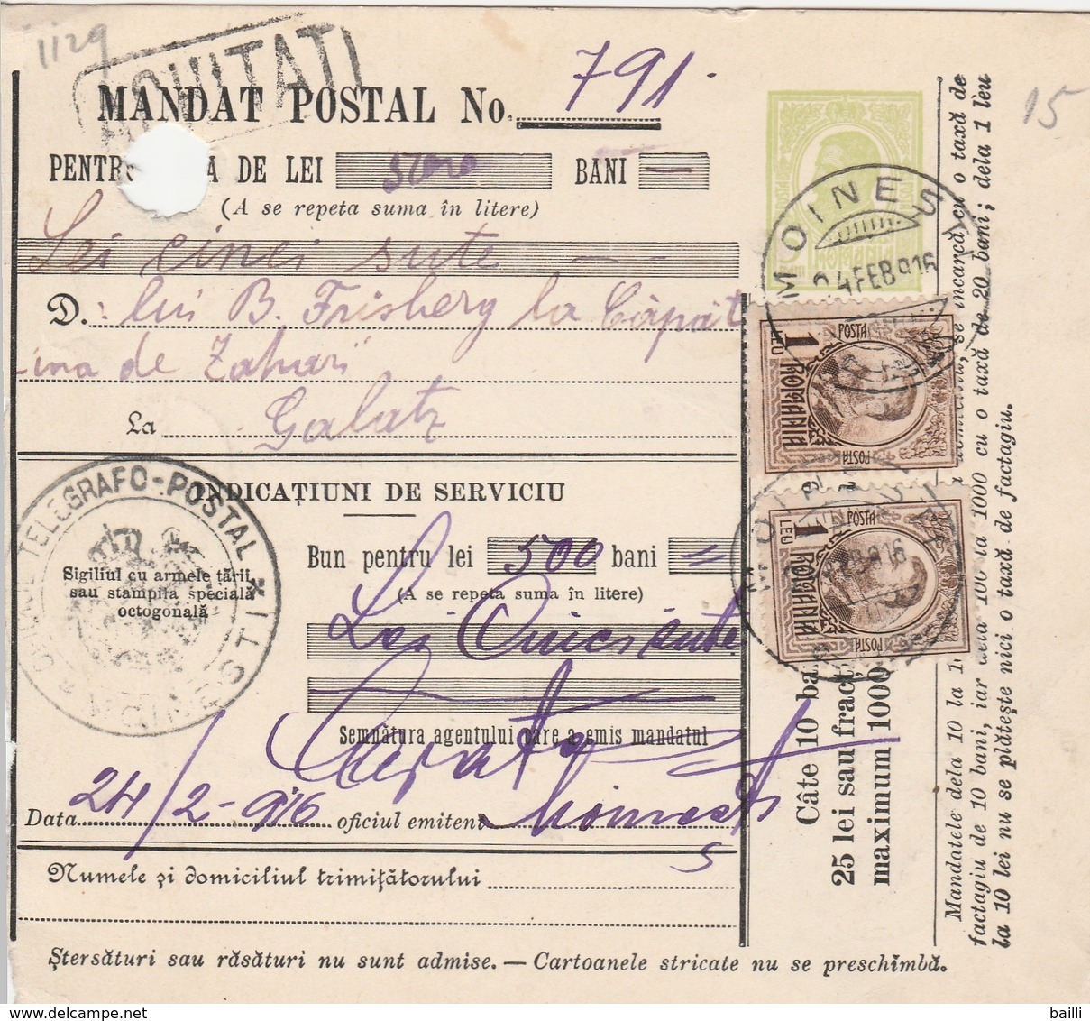 Roumanie Mandat Postal 1916 - Briefe U. Dokumente