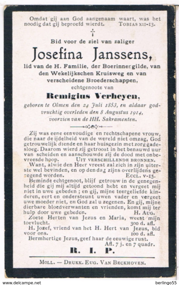 Dp. Janssens Josefina. Echtg. Verheyen Remigius. ° Olmen 1853 † Olmen 1914 - Religion & Esotericism