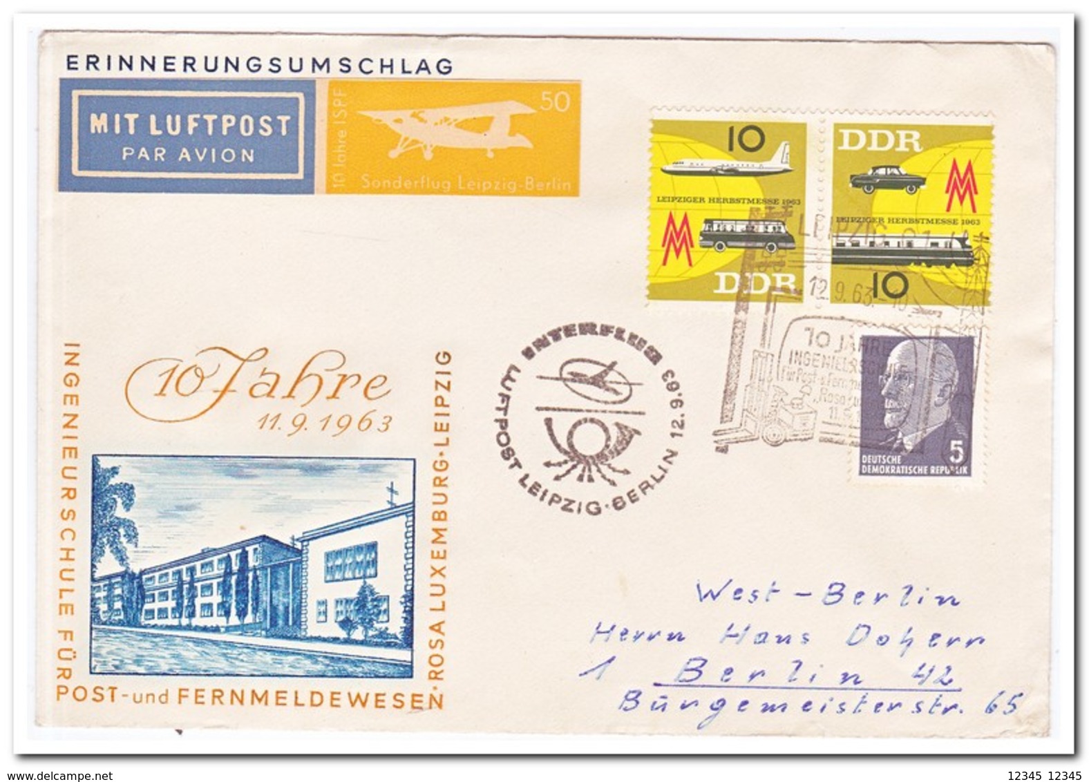 DDR 1963, Erinnerungsumschlag, Flightletter Leipzig-Berlin - Brieven En Documenten