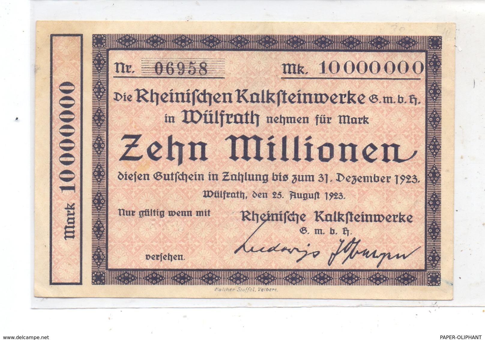 5603 WÜLFRATH, Notgeld Rheinische Kalksteinwerke, 25.08.1923, 10 Millionen - Lokale Ausgaben