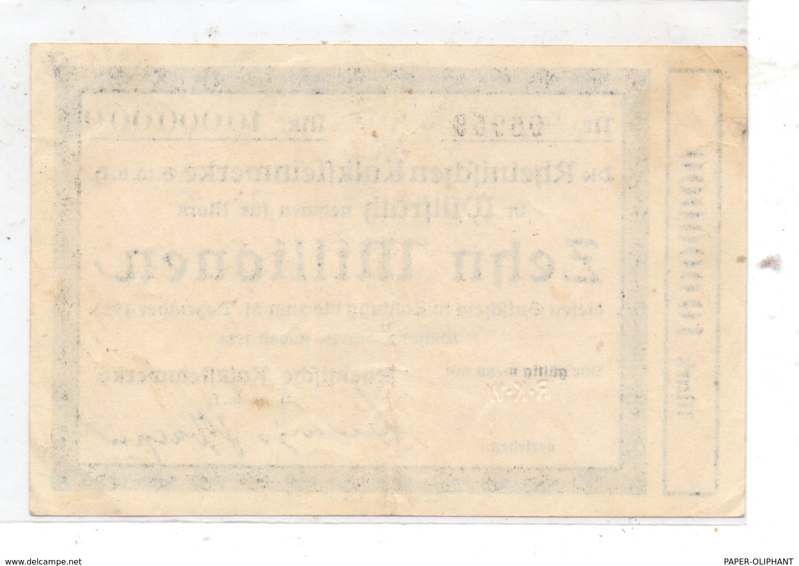 5603 WÜLFRATH, Notgeld Rheinische Kalksteinwerke, 25.08.1923, 10 Millionen - Lokale Ausgaben