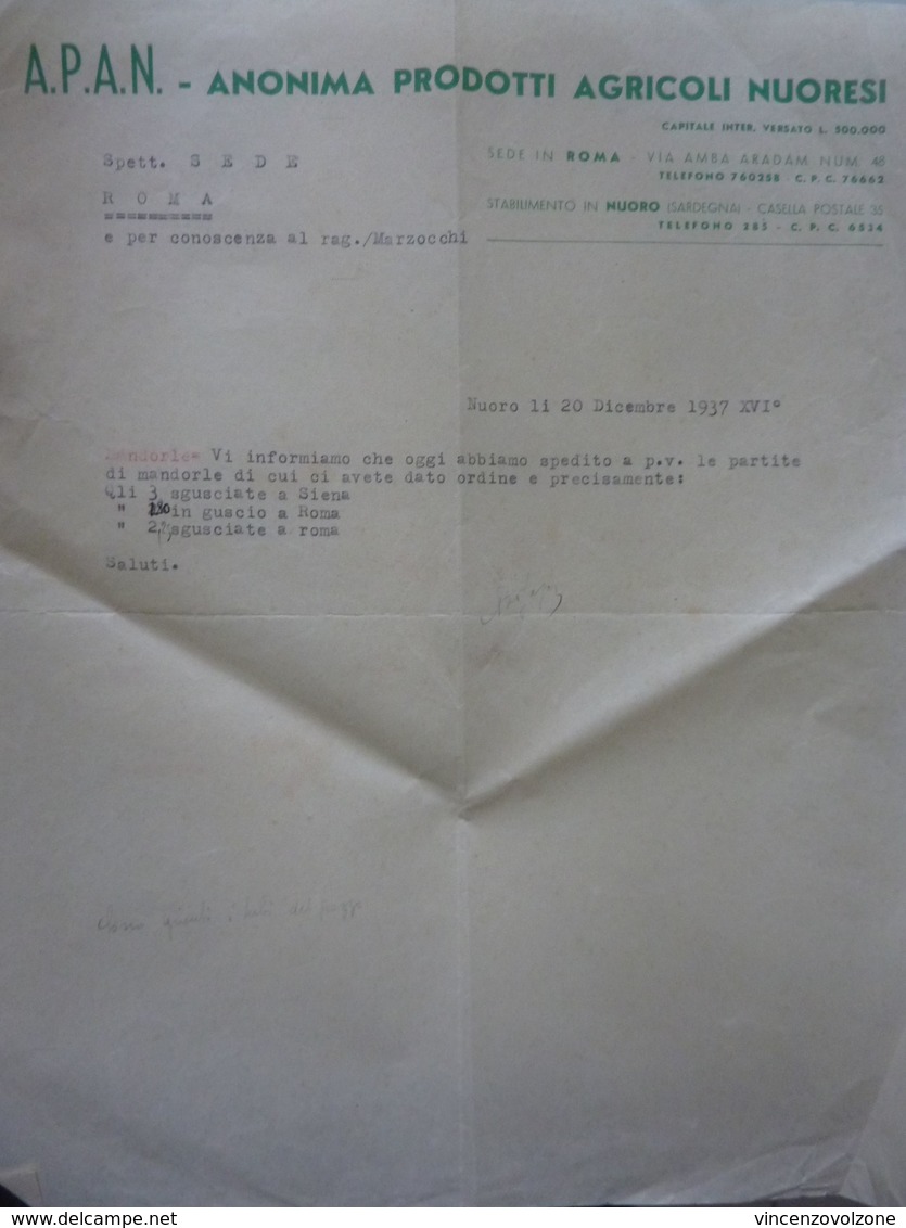 Lettera Commerciale "A.P.A.N. Anonima Prodotti Agricoli Nuoresi" Nuoro, 20 Dicembre 1937 - Italia