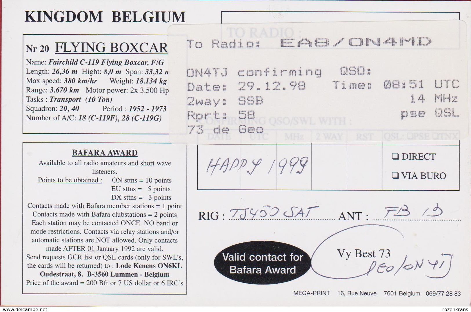 QSL Card Amateur Radio Aviation Airplane Avion  Fairchild C-119 Flying Boxcar Belgian Air Force Army 1998 - Radio-amateur